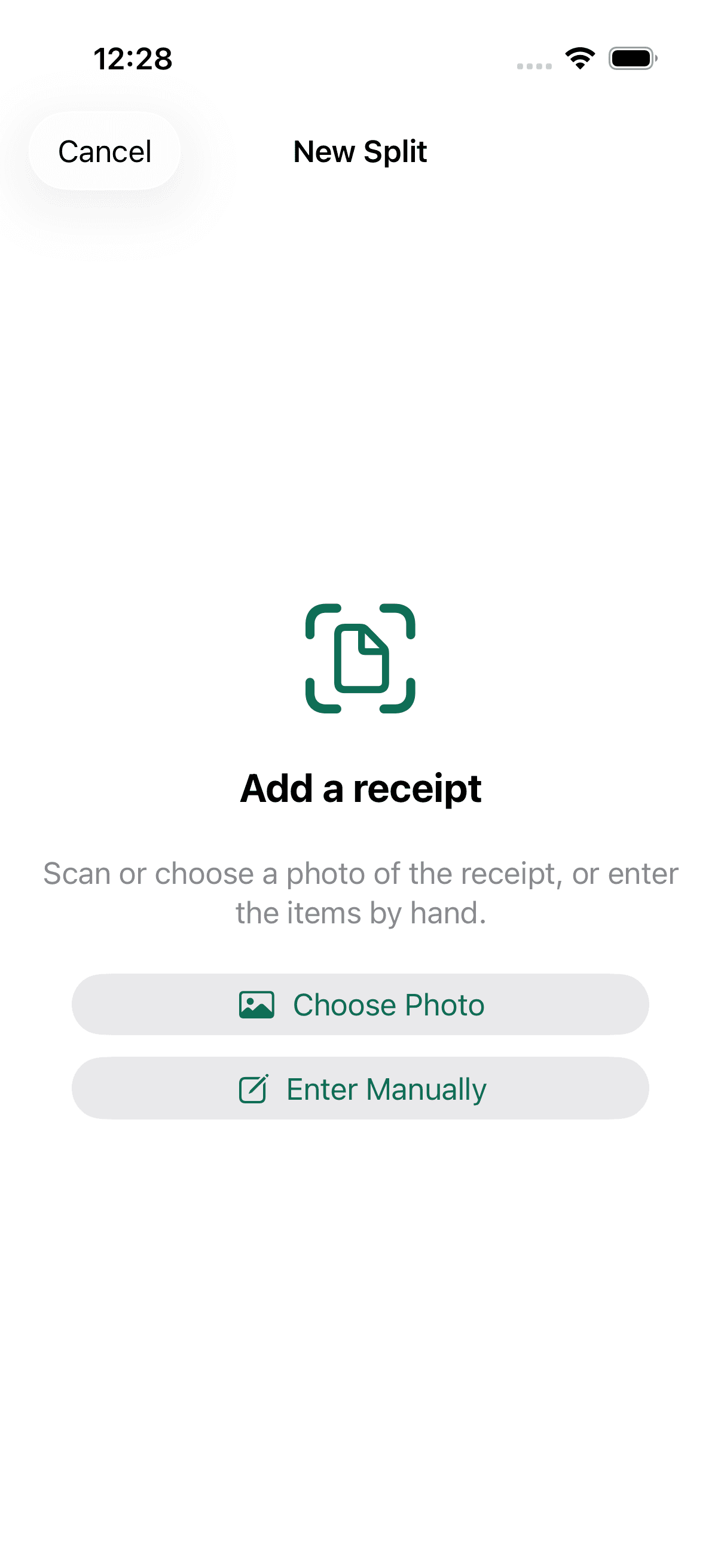 Dibs add-a-receipt screen: Scan Receipt, Choose Photo, or Enter Manually.